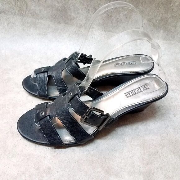 Merona Womens Edwina Size 7.5 Black Leather Open Toe Slide Wedge Sandals - Picture 4 of 10